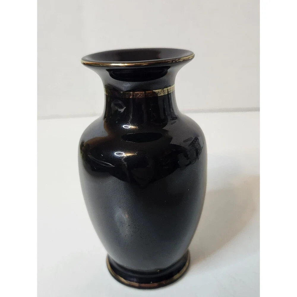 Chokin Art Vase Japan Black Gold 24K Trim Vintage Asian Decor 4.5